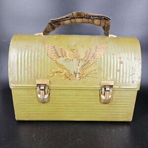 Vintage Metal Lunchbox Green Embossed Eagle Design Velvet Handle Lined Worker
